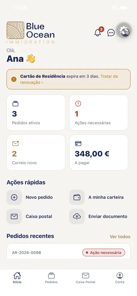 Blue Ocean app home screen with active requests and quick actions
